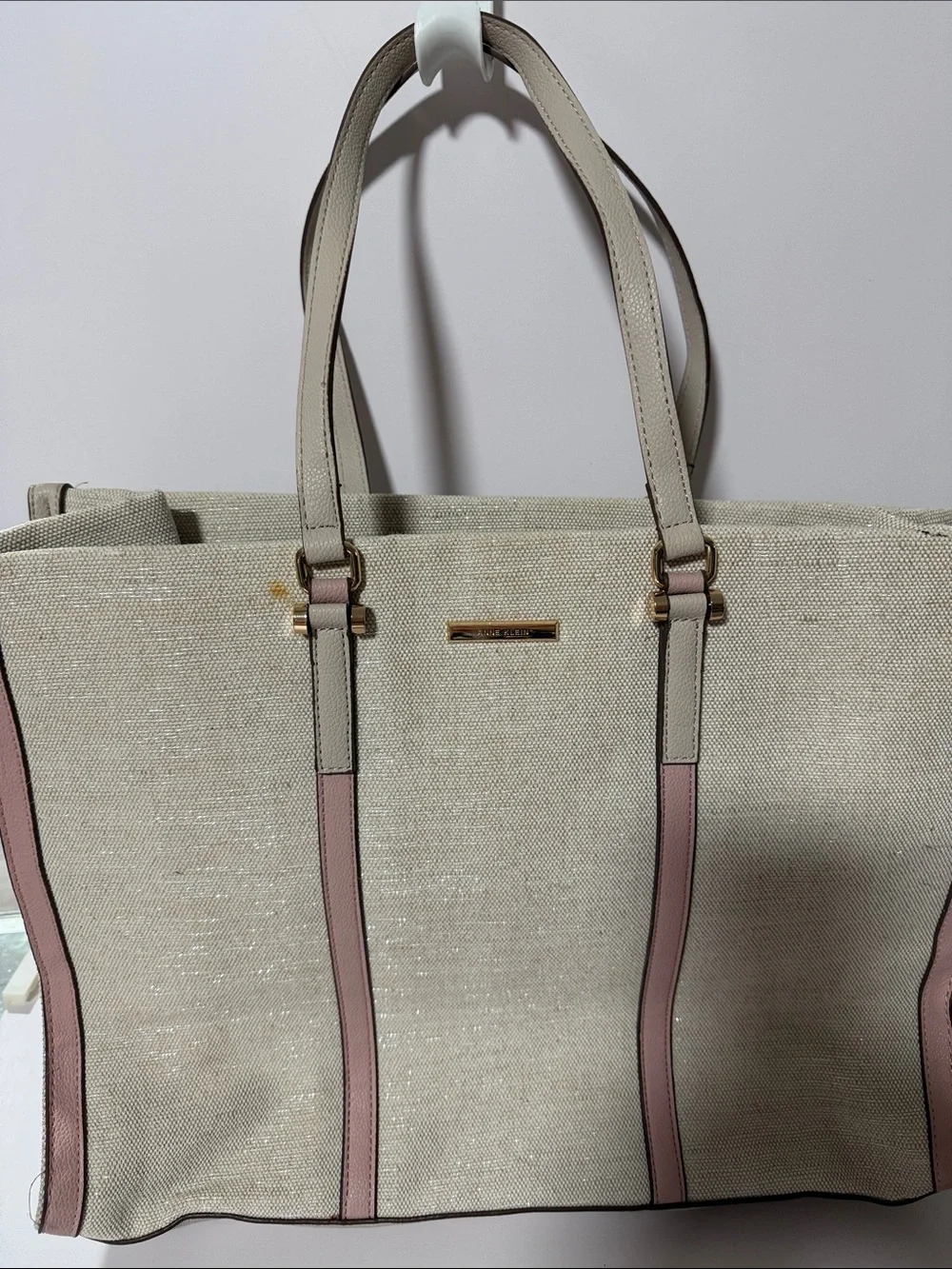 Anne Klein Cream and Pink Canvas Tote with Gold Hardware